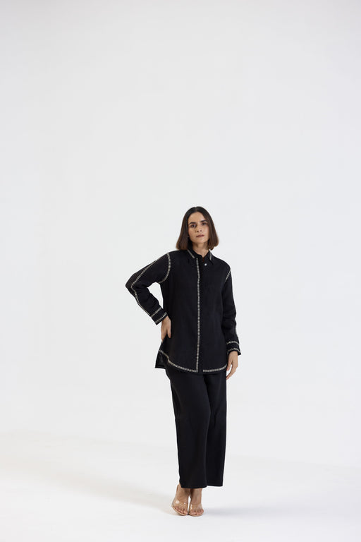 Black Pure Linen Comfort Fit Co-Ord Set with Printed Trims