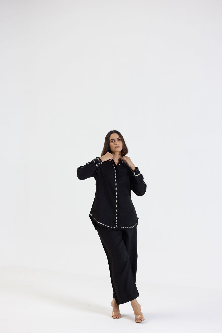 Black Pure Linen Comfort Fit Co-Ord Set with Printed Trims