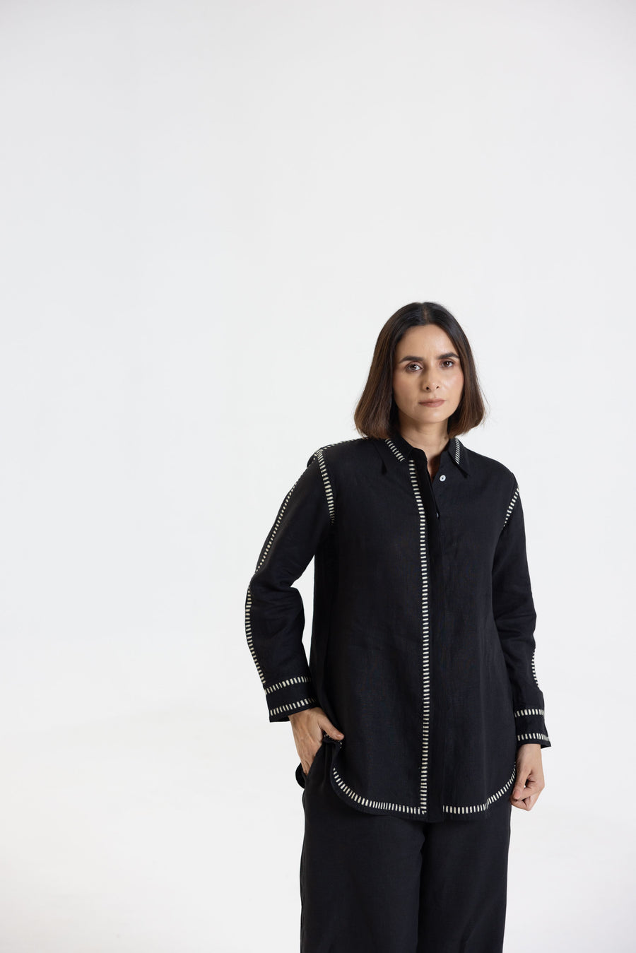 Black Pure Linen Comfort Fit Co-Ord Set with Printed Trims