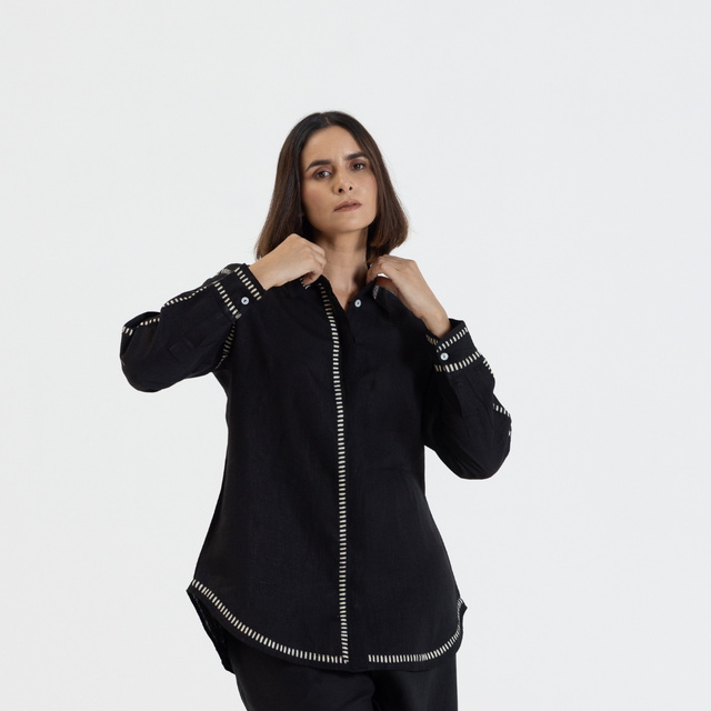 Black Pure Linen Comfort Fit Co-Ord Set with Printed Trims
