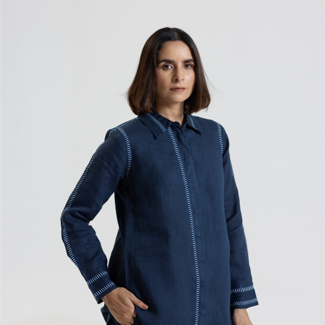 Navy Blue Pure Linen Comfort Fit Co-Ord Set with Printed Trims