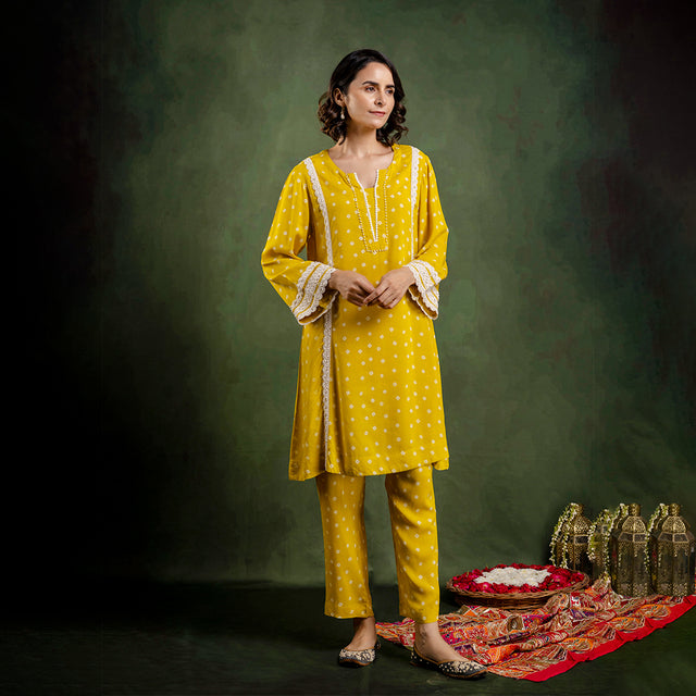 Yellow Printed Modal Co-Ord Set with Pearl Lace Work