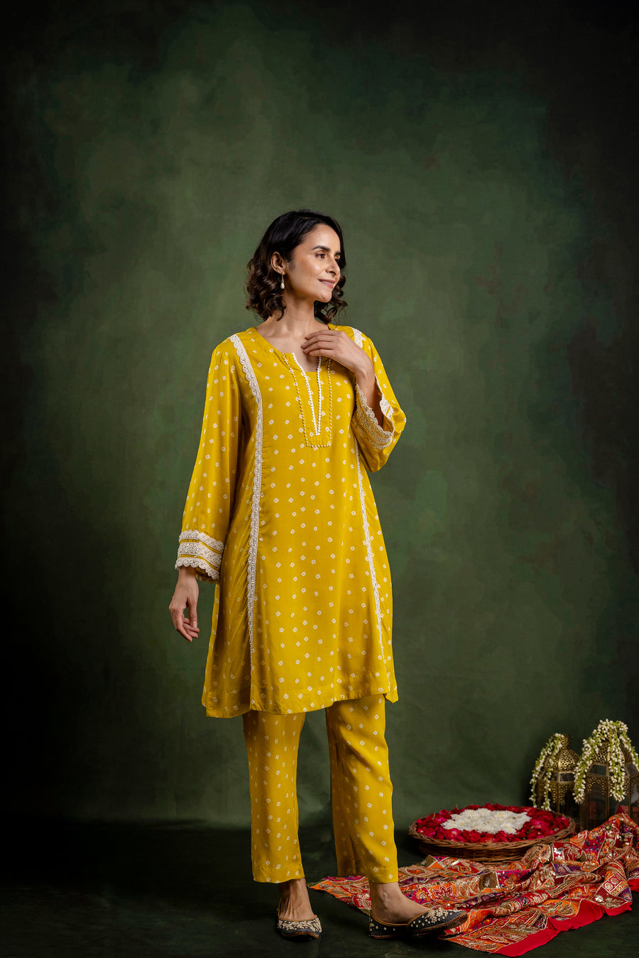 Yellow Printed Modal Co-Ord Set with Pearl Lace Work
