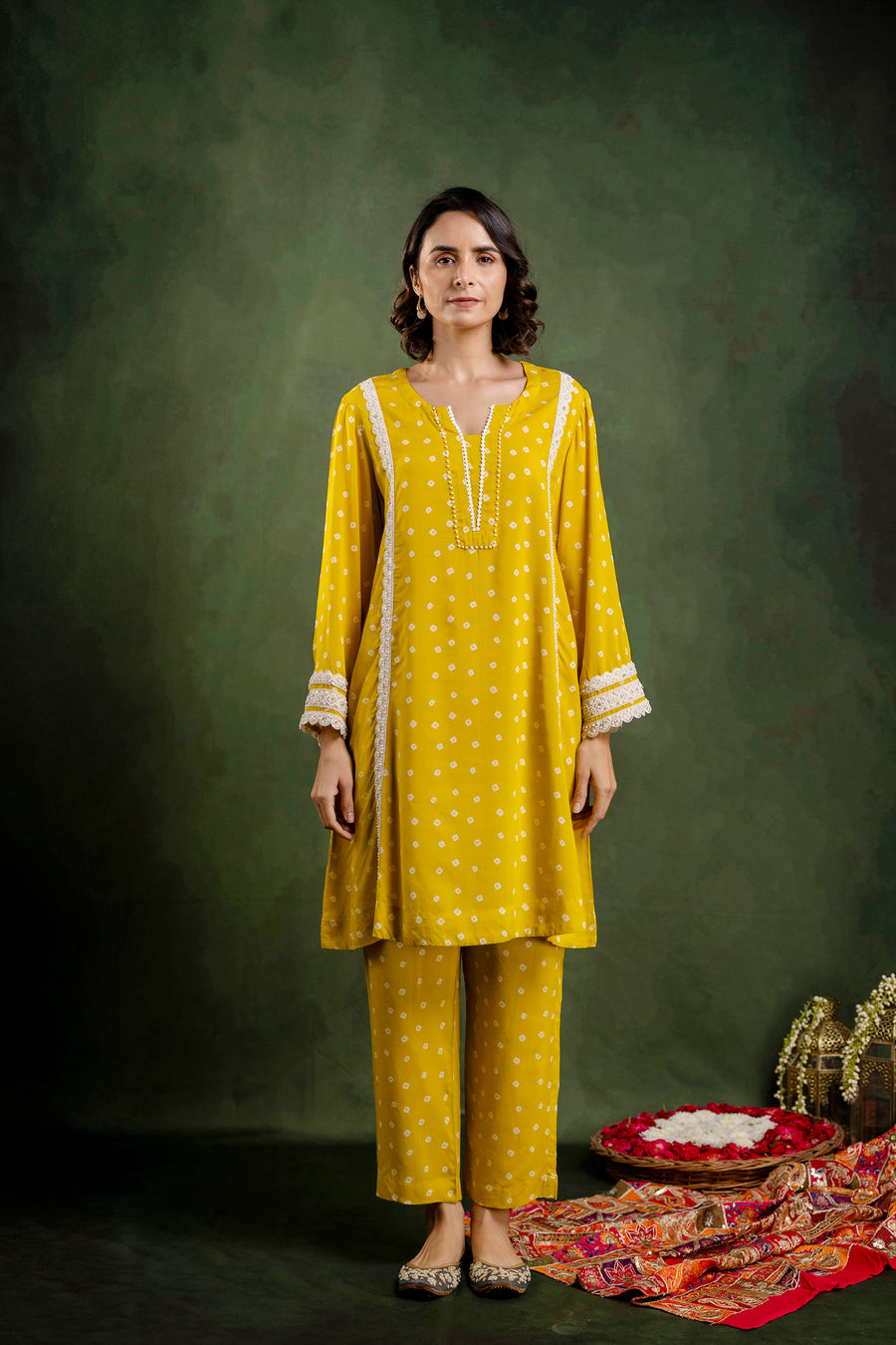 Yellow Printed Modal Co-Ord Set with Pearl Lace Work