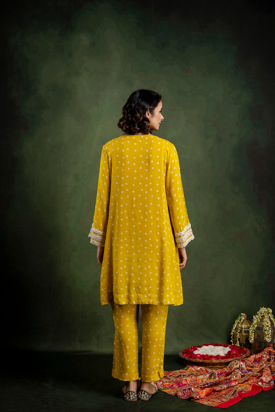 Yellow Printed Modal Co-Ord Set with Pearl Lace Work