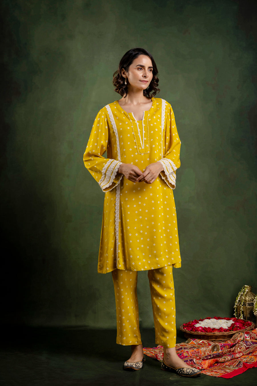 Yellow Printed Modal Co-Ord Set with Pearl Lace Work