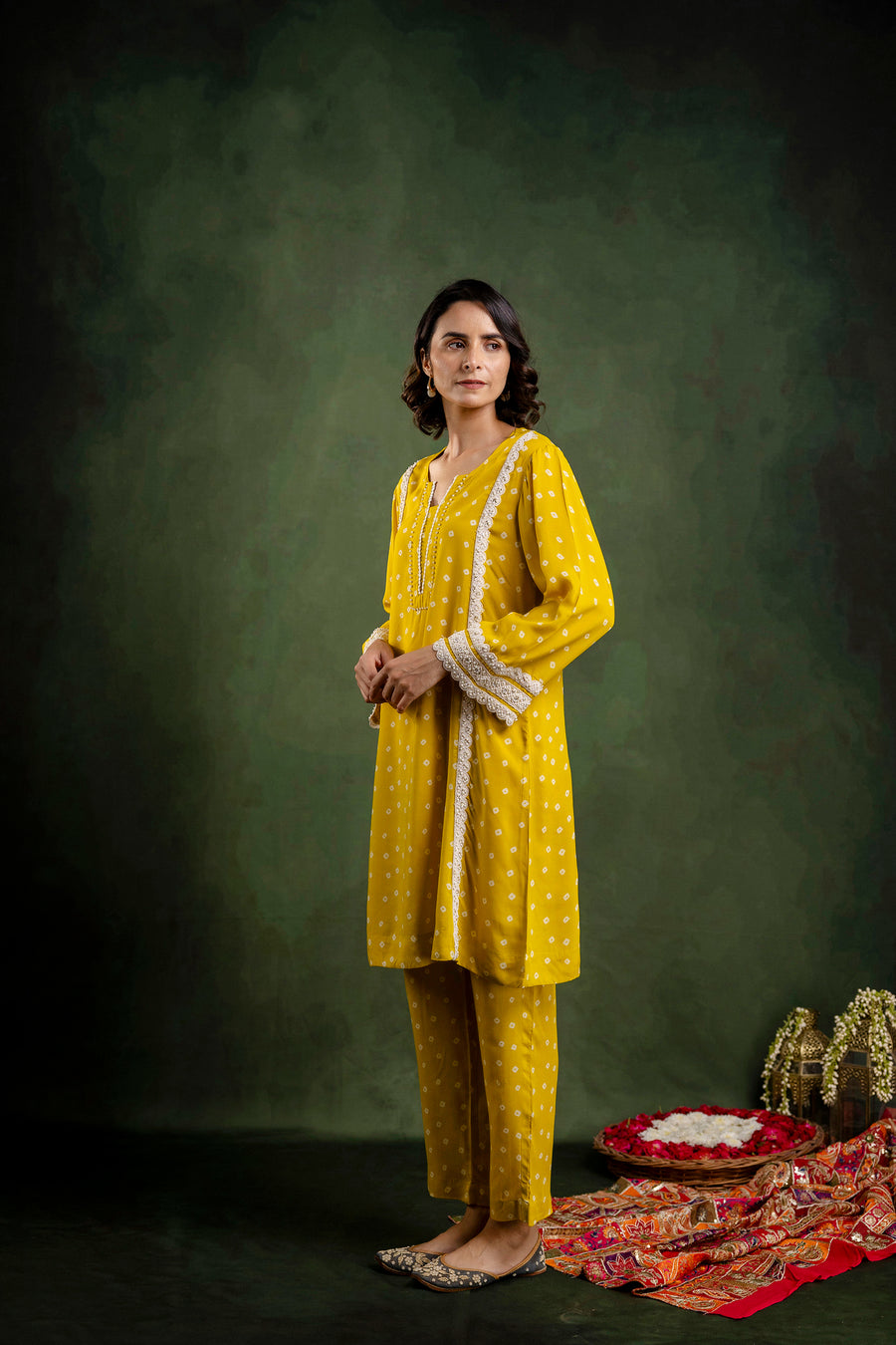 Yellow Printed Modal Co-Ord Set with Pearl Lace Work