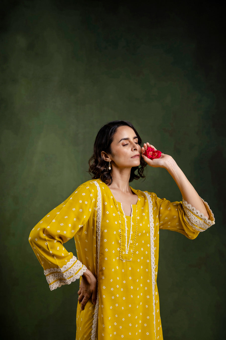 Yellow Printed Modal Co-Ord Set with Pearl Lace Work