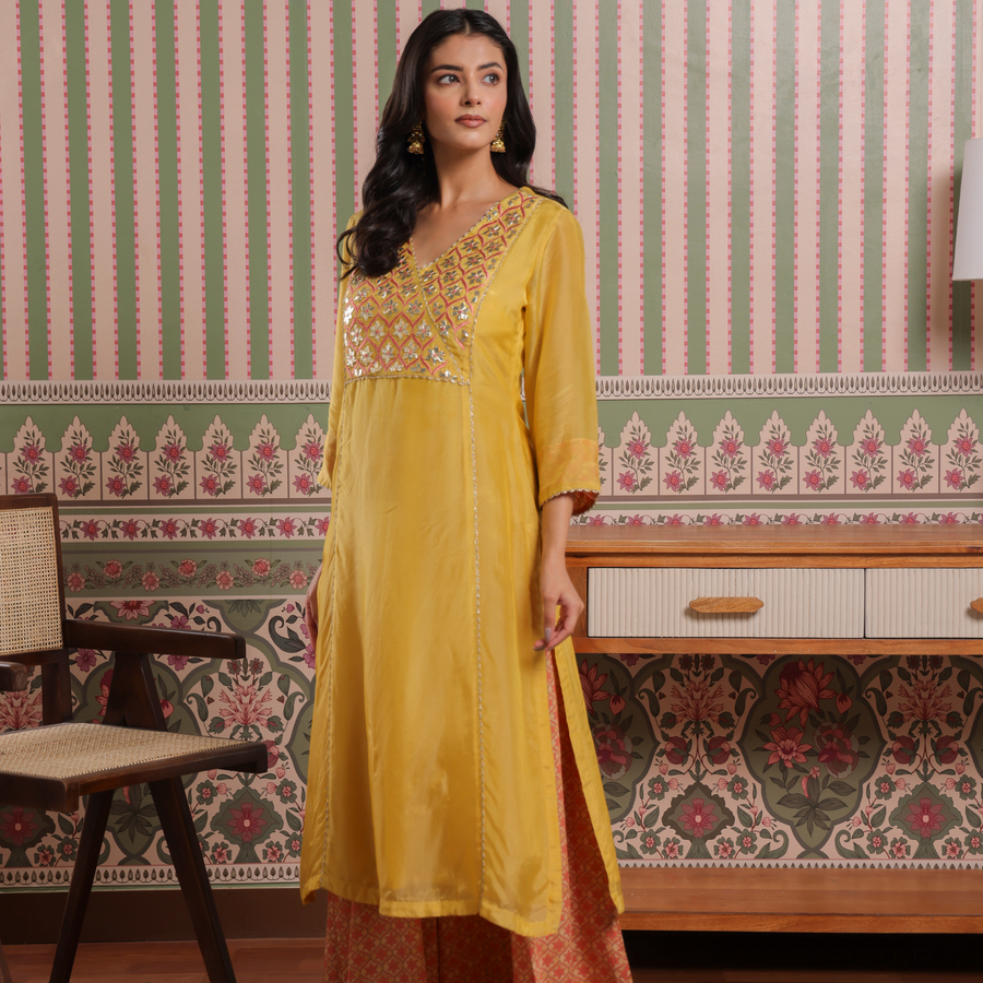Mustard Gota Patti Embroidered Organza Kurta with Printed Modal Palazzo