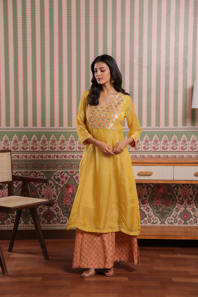 Mustard Gota Patti Embroidered Organza Kurta with Printed Modal Palazzo