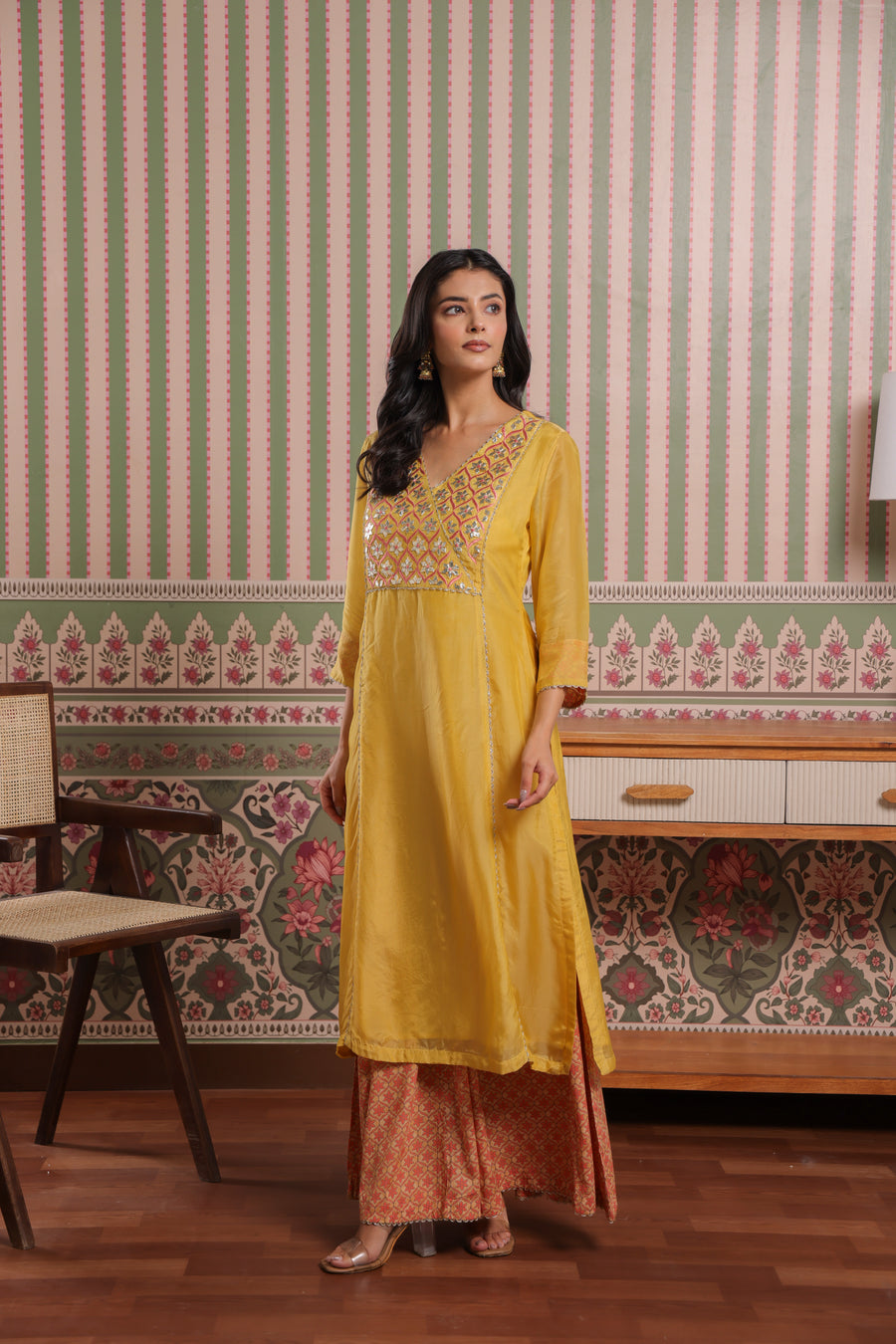 Mustard Gota Patti Embroidered Organza Kurta with Printed Modal Palazzo