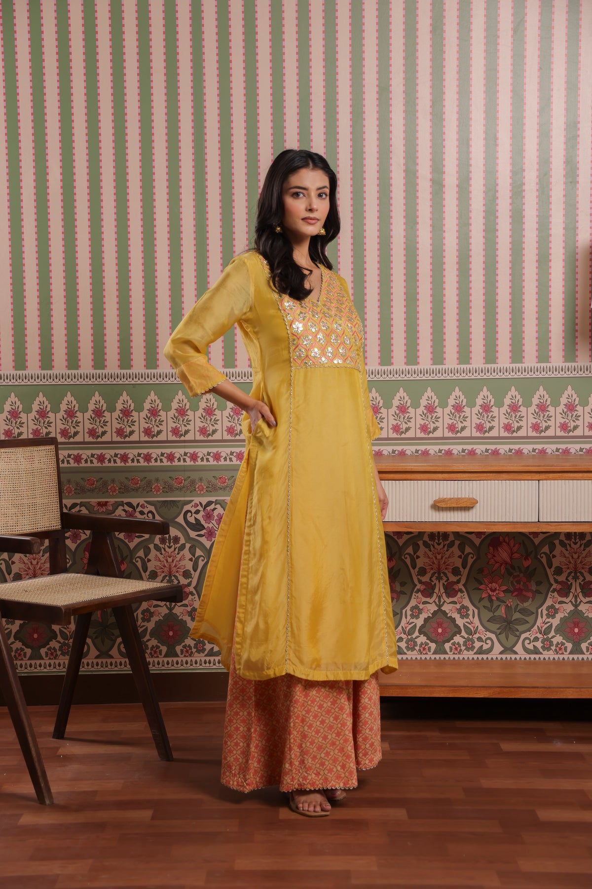 Mustard Gota Patti Embroidered Organza Kurta with Printed Modal Palazzo