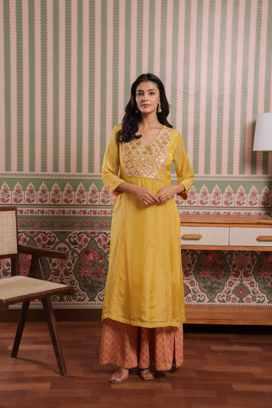 Mustard Gota Patti Embroidered Organza Kurta with Printed Modal Palazzo