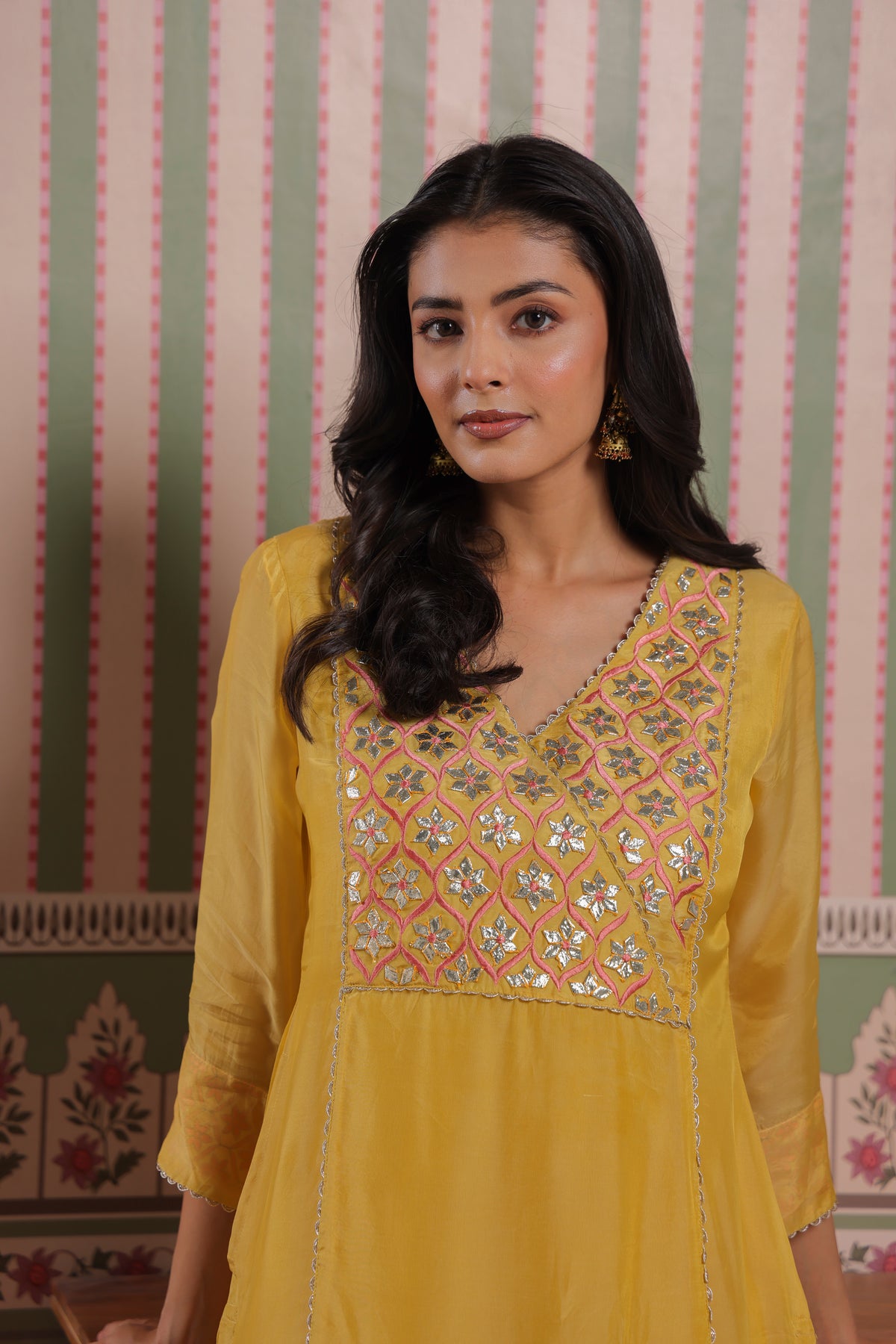 Mustard Gota Patti Embroidered Organza Kurta with Printed Modal Palazzo