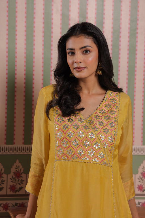 Mustard Gota Patti Embroidered Organza Kurta with Printed Modal Palazzo