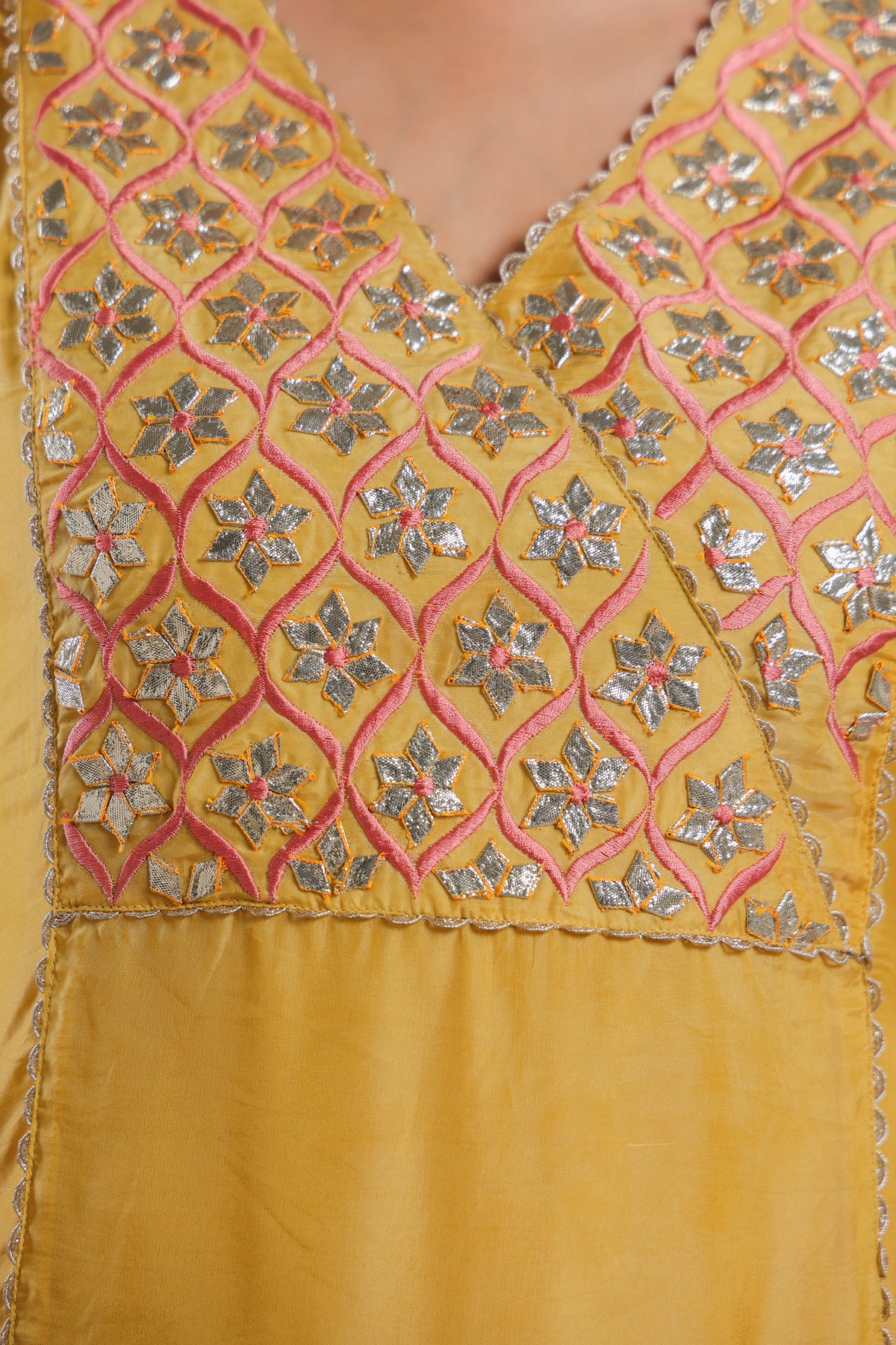 Mustard Gota Patti Embroidered Organza Kurta with Printed Modal Palazzo
