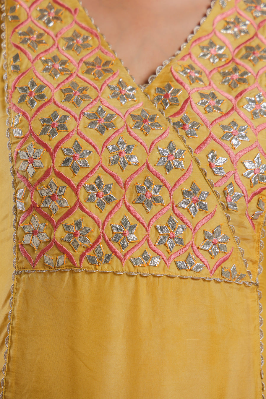 Mustard Gota Patti Embroidered Organza Kurta with Printed Modal Palazzo