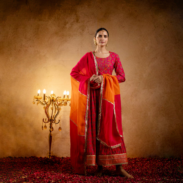 Rani Printed Cotton Kalidaar Embellished Zari Laces & Sequins paired with Organza Dupatta