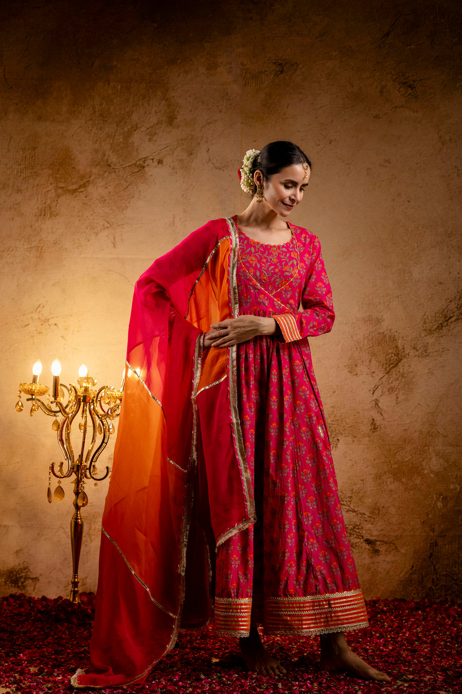 Rani Printed Cotton Kalidaar Embellished Zari Laces & Sequins paired with Organza Dupatta