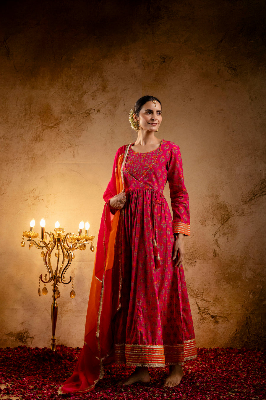 Rani Printed Cotton Kalidaar Embellished Zari Laces & Sequins paired with Organza Dupatta