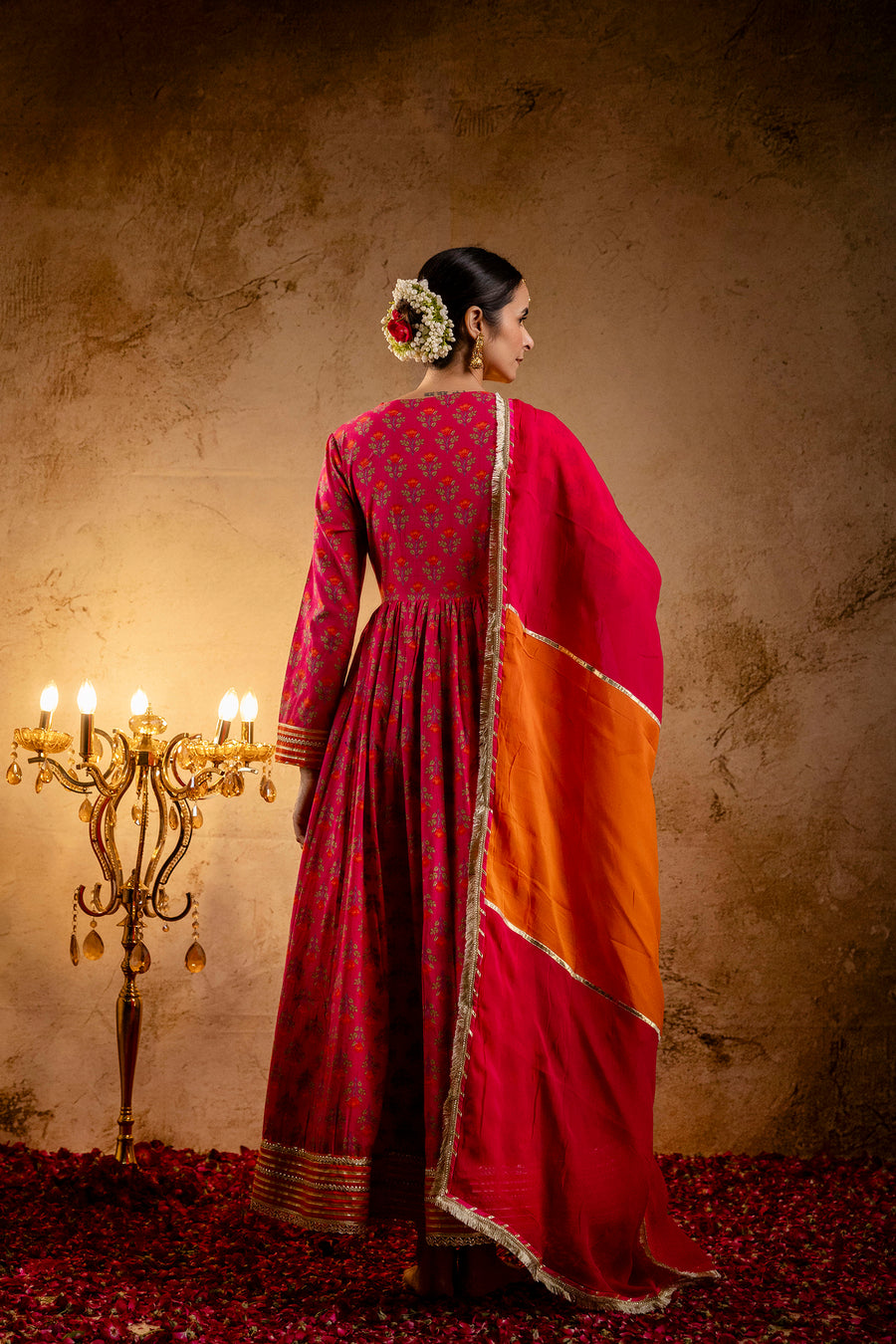 Rani Printed Cotton Kalidaar Embellished Zari Laces & Sequins paired with Organza Dupatta