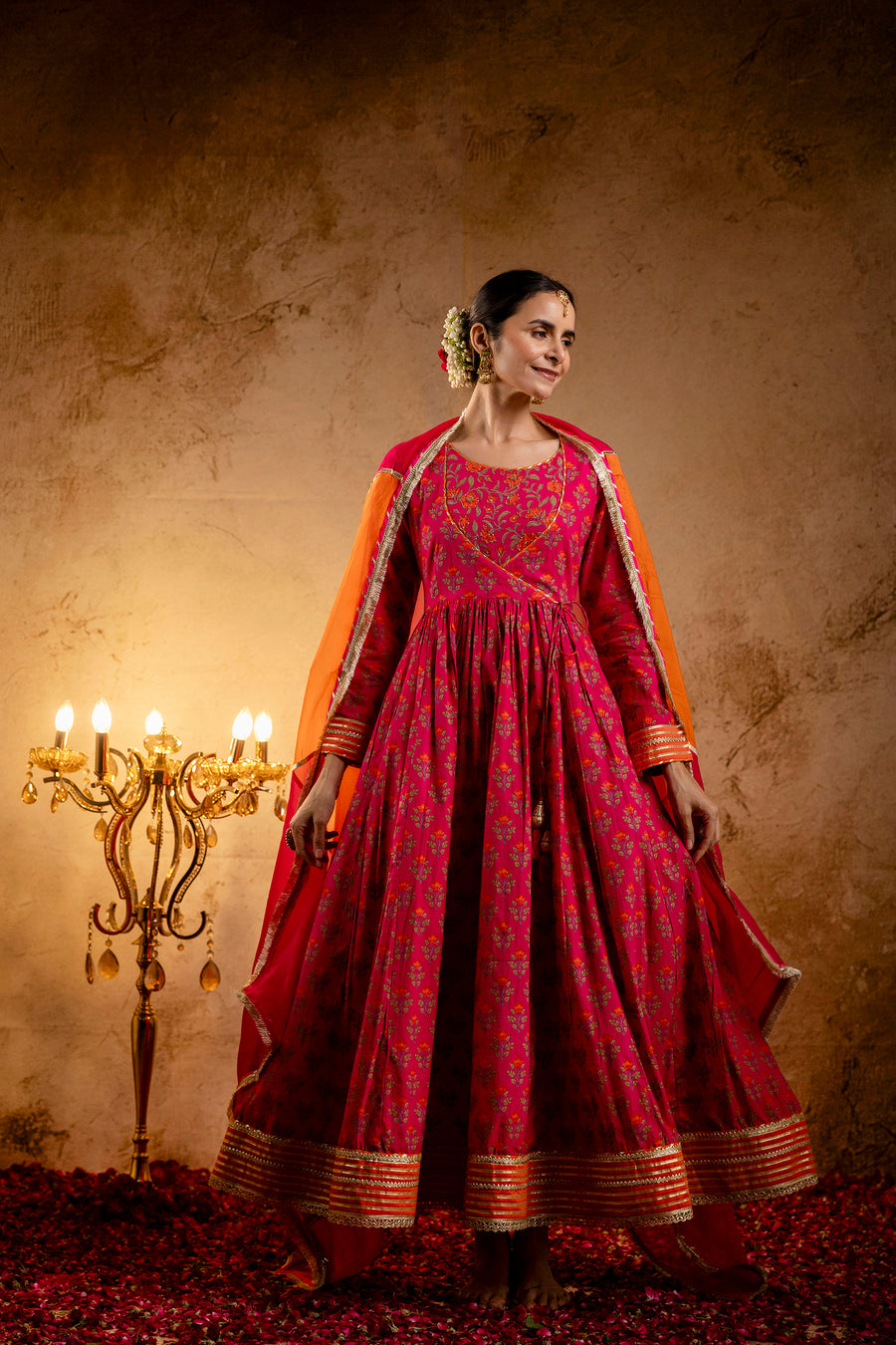 Rani Printed Cotton Kalidaar Embellished Zari Laces & Sequins paired with Organza Dupatta