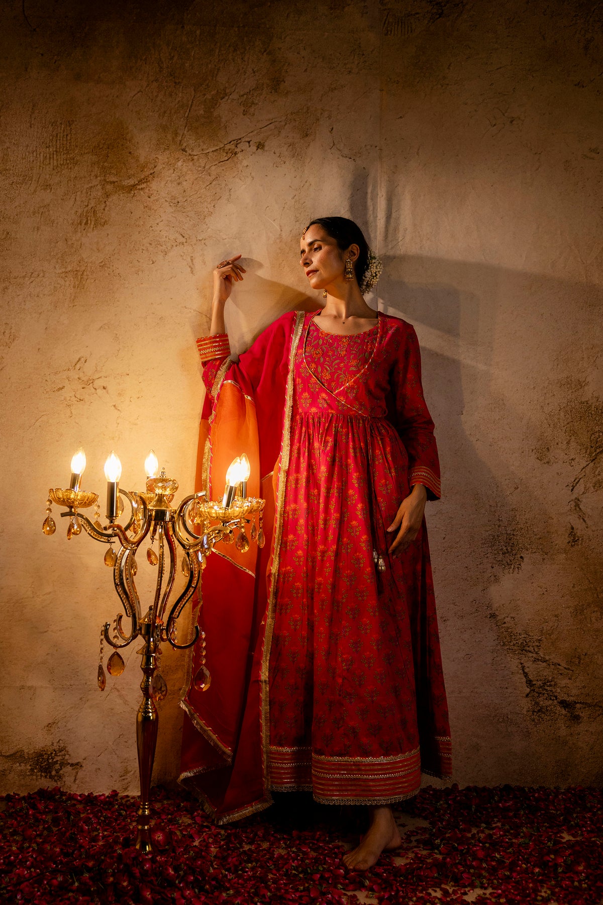 Rani Printed Cotton Kalidaar Embellished Zari Laces & Sequins paired with Organza Dupatta