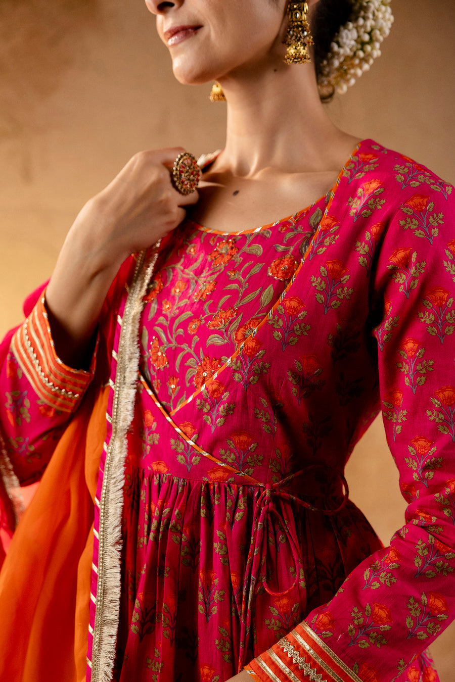 Rani Printed Cotton Kalidaar Embellished Zari Laces & Sequins paired with Organza Dupatta
