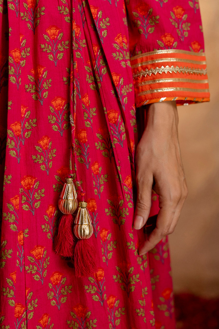 Rani Printed Cotton Kalidaar Embellished Zari Laces & Sequins paired with Organza Dupatta