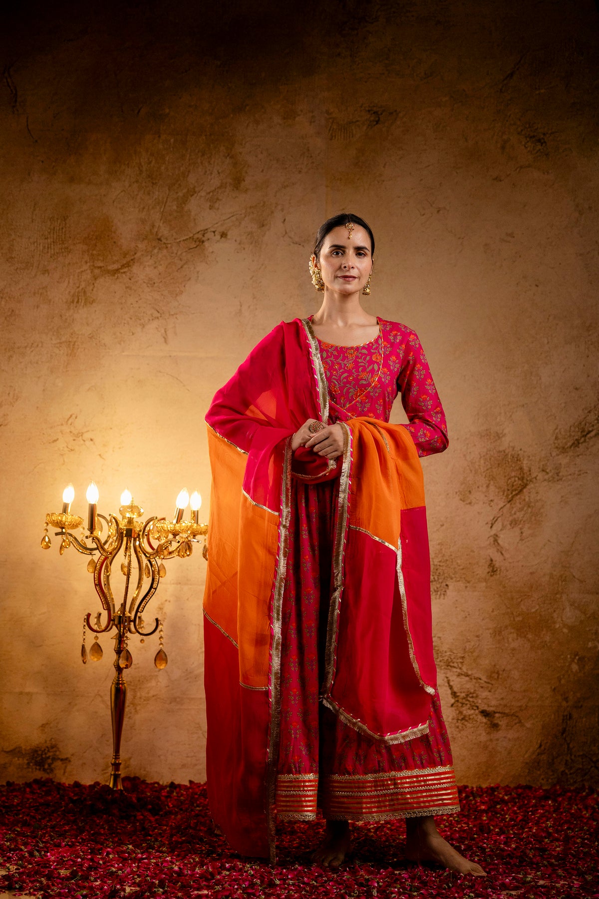 Rani Printed Cotton Kalidaar Embellished Zari Laces & Sequins paired with Organza Dupatta