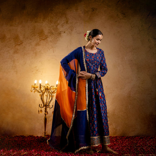 Blue Printed Cotton Kalidaar Embellished Zari Laces & Sequins paired with Organza Dupatta