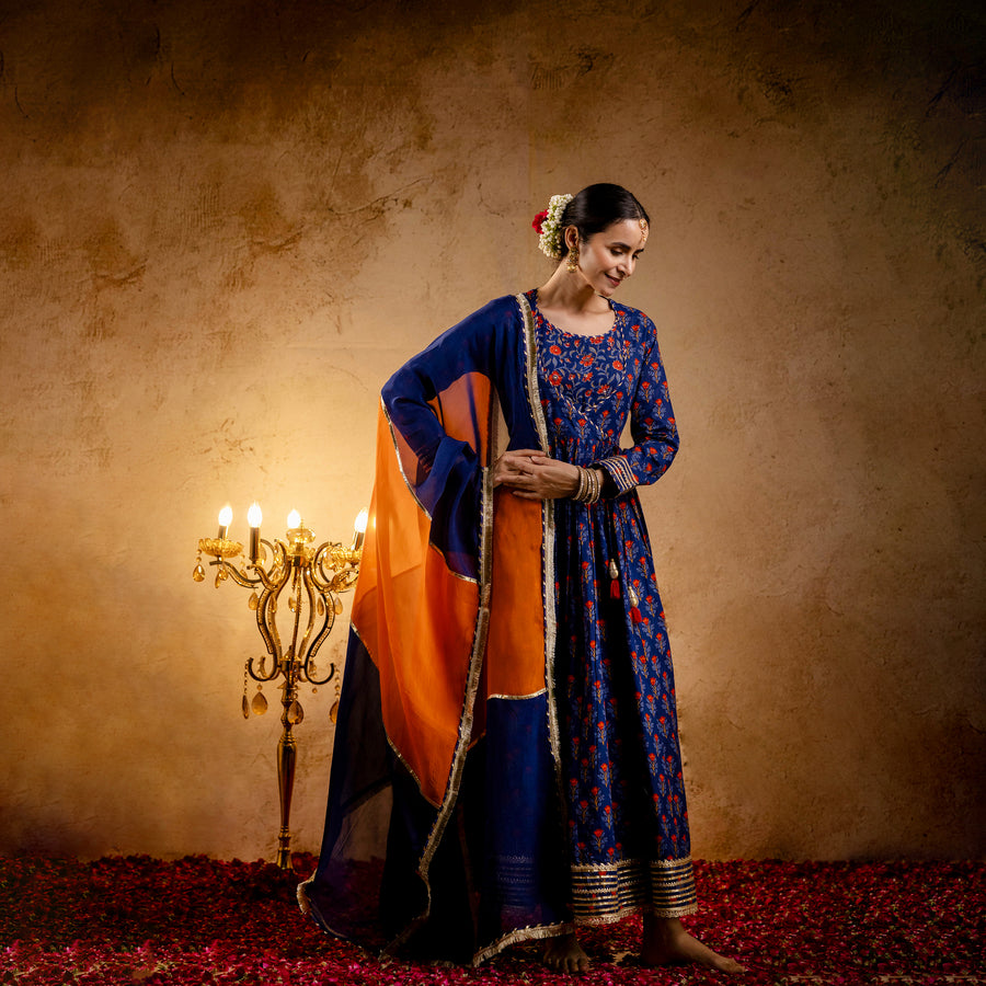 Blue Printed Cotton Kalidaar Embellished Zari Laces & Sequins paired with Organza Dupatta
