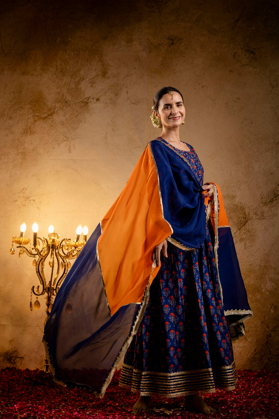 Blue Printed Cotton Kalidaar Embellished Zari Laces & Sequins paired with Organza Dupatta