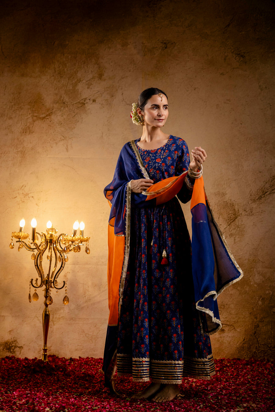 Blue Printed Cotton Kalidaar Embellished Zari Laces & Sequins paired with Organza Dupatta