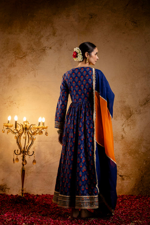 Blue Printed Cotton Kalidaar Embellished Zari Laces & Sequins paired with Organza Dupatta