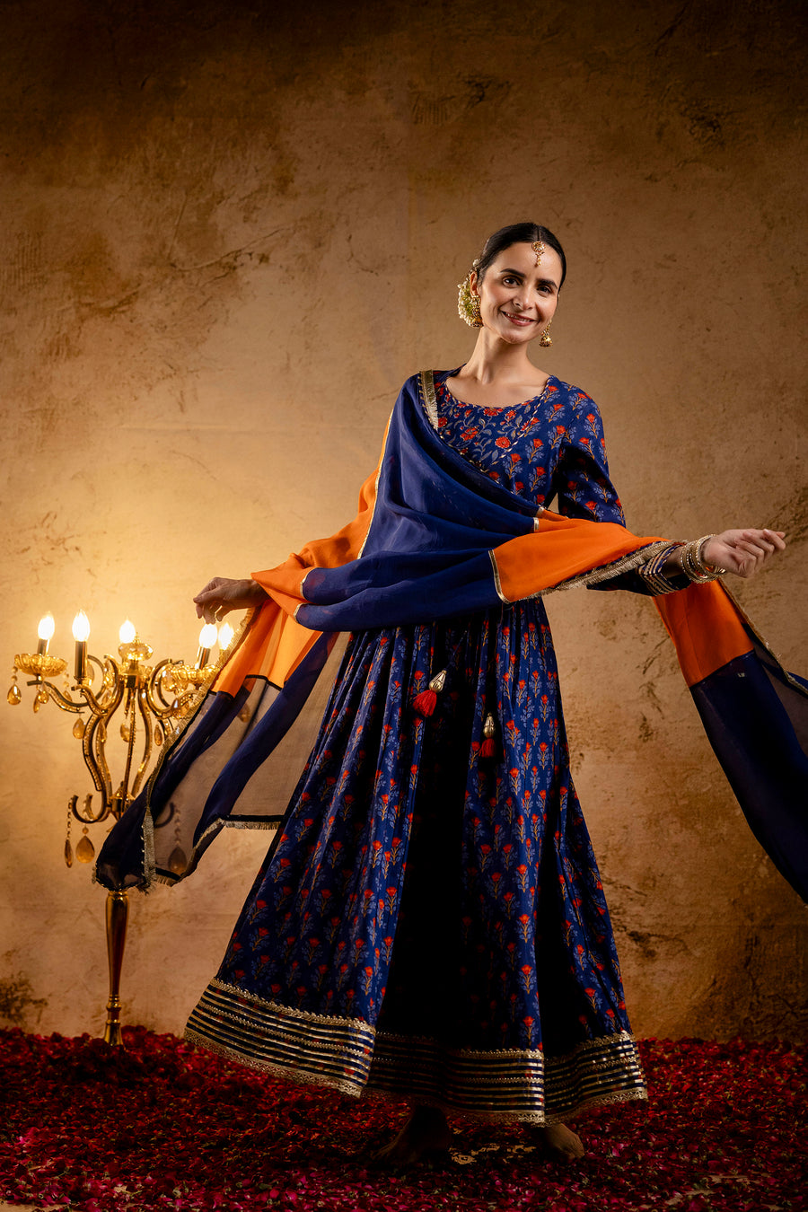 Blue Printed Cotton Kalidaar Embellished Zari Laces & Sequins paired with Organza Dupatta