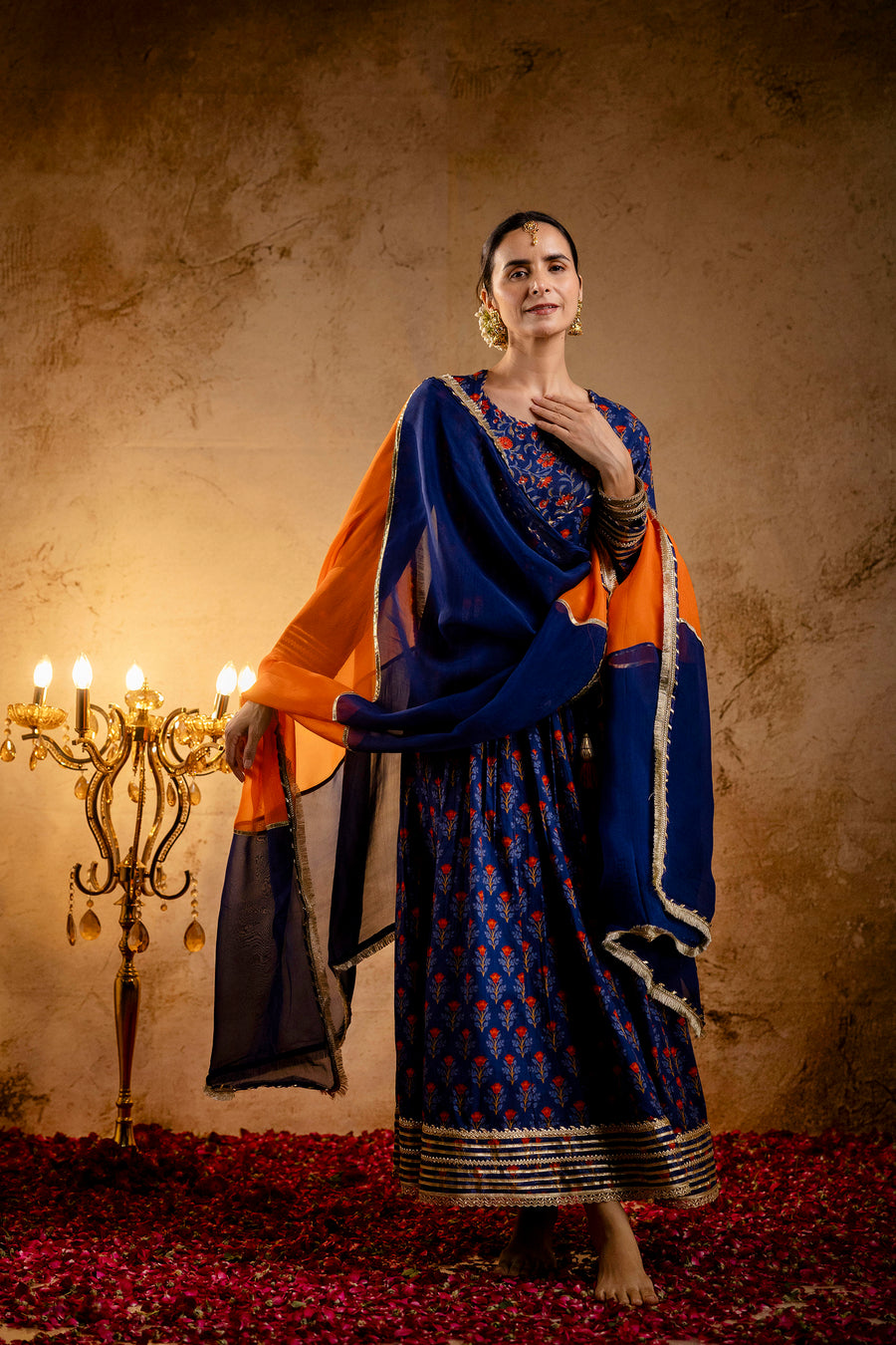 Blue Printed Cotton Kalidaar Embellished Zari Laces & Sequins paired with Organza Dupatta