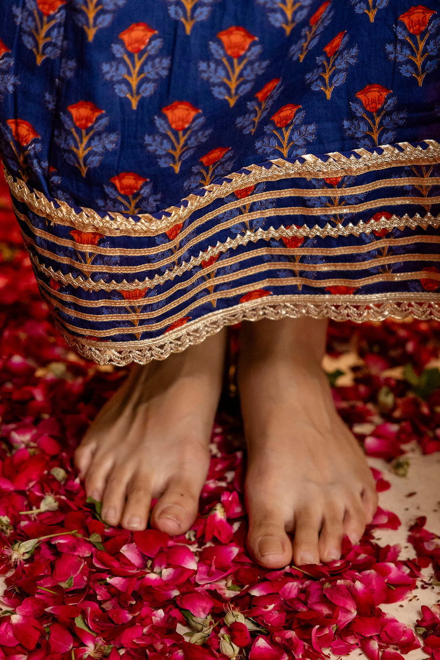 Blue Printed Cotton Kalidaar Embellished Zari Laces & Sequins paired with Organza Dupatta