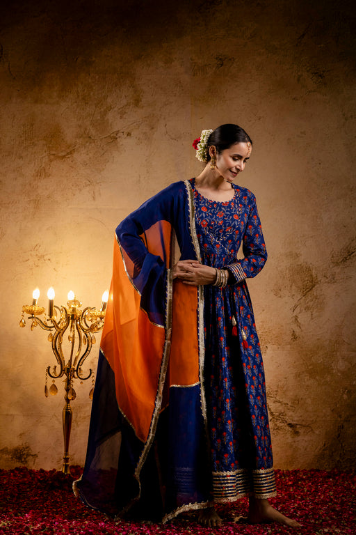 Blue Printed Cotton Kalidaar Embellished Zari Laces & Sequins paired with Organza Dupatta