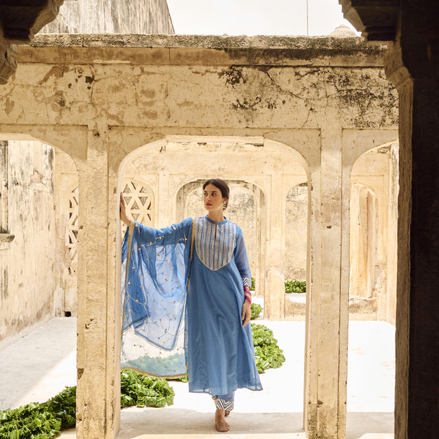 Blue Mulmul Gota Embellished Kurta Pant Dupatta Set Embellished with Bead Work