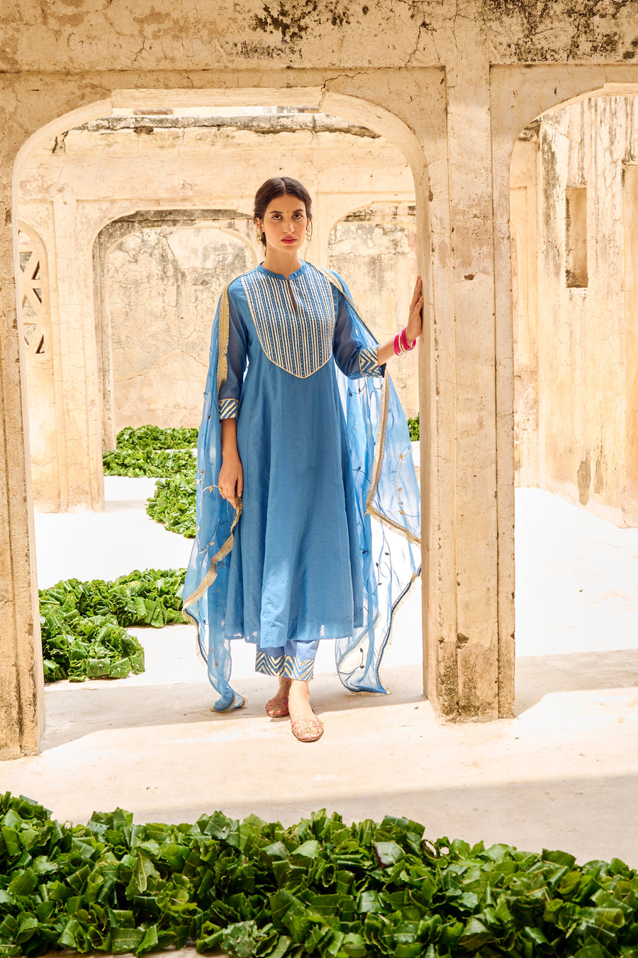 Blue Mulmul Gota Embellished Kurta Pant Dupatta Set Embellished with Bead Work