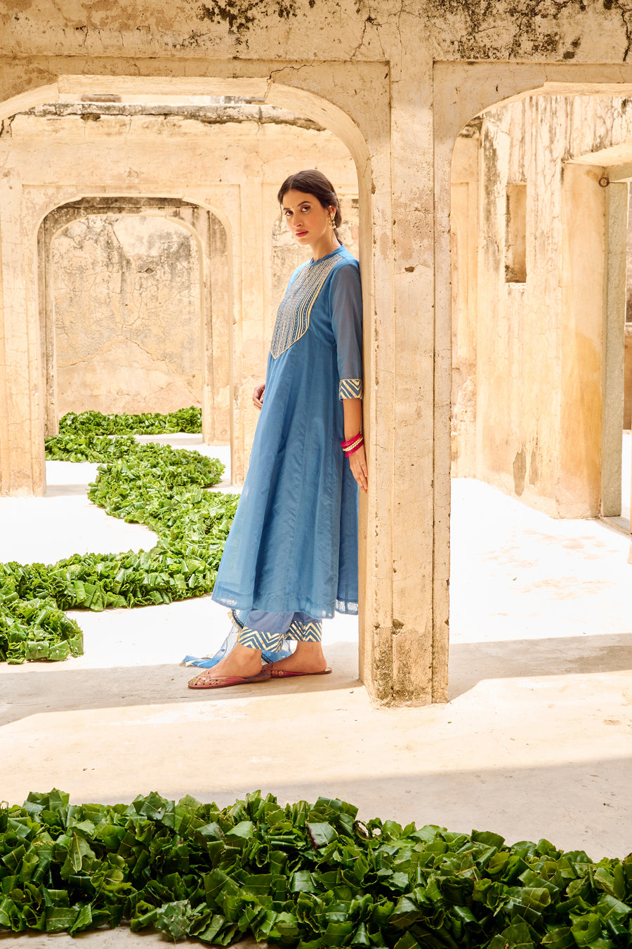 Blue Mulmul Gota Embellished Kurta Pant Dupatta Set Embellished with Bead Work