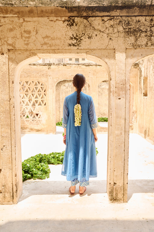 Blue Mulmul Gota Embellished Kurta Pant Dupatta Set Embellished with Bead Work