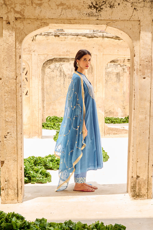 Blue Mulmul Gota Embellished Kurta Pant Dupatta Set Embellished with Bead Work