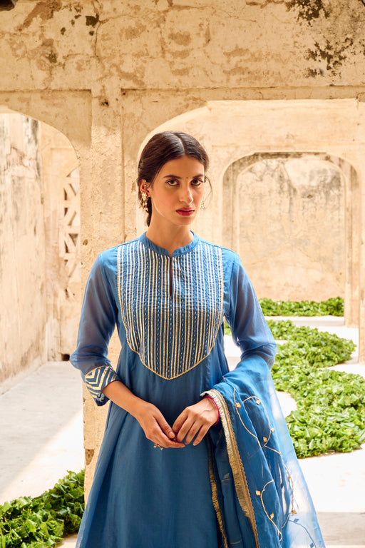 Blue Mulmul Gota Embellished Kurta Pant Dupatta Set Embellished with Bead Work