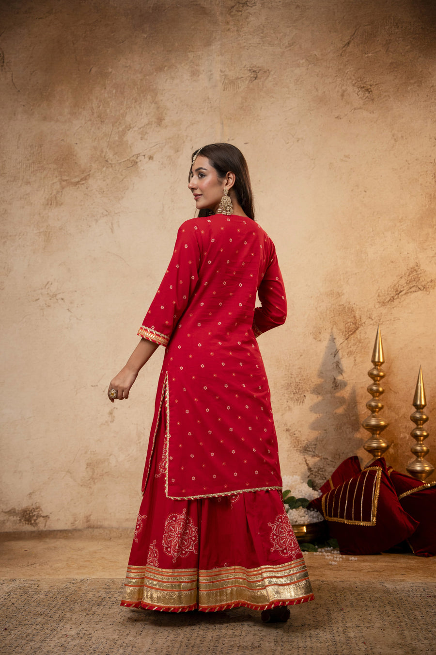 Gota Work Red Cotton Suit set with Organza Dupatta