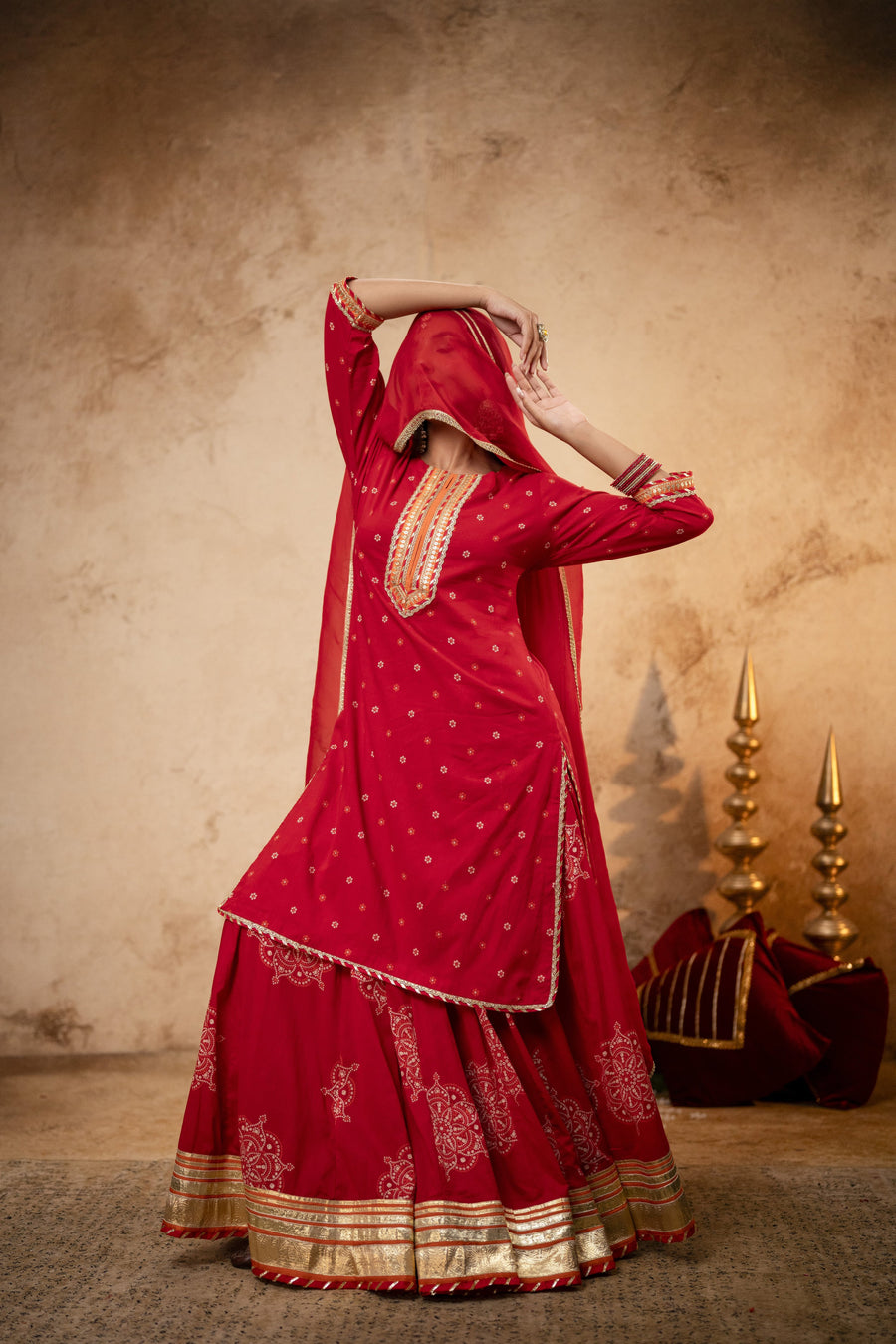Gota Work Red Cotton Suit set with Organza Dupatta