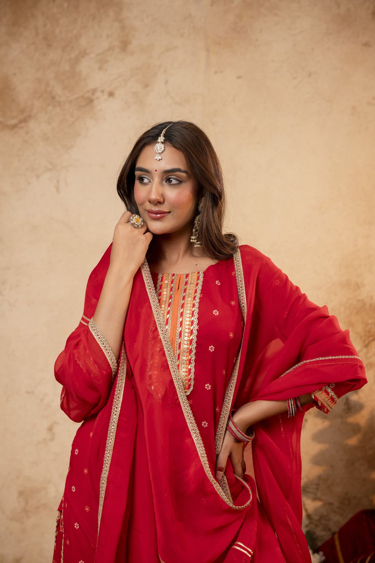 Gota Work Red Cotton Suit set with Organza Dupatta