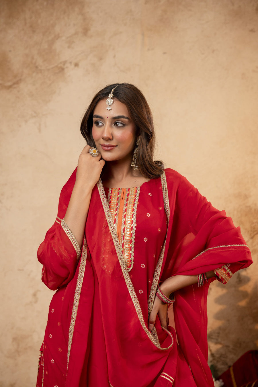 Gota Work Red Cotton Suit set with Organza Dupatta