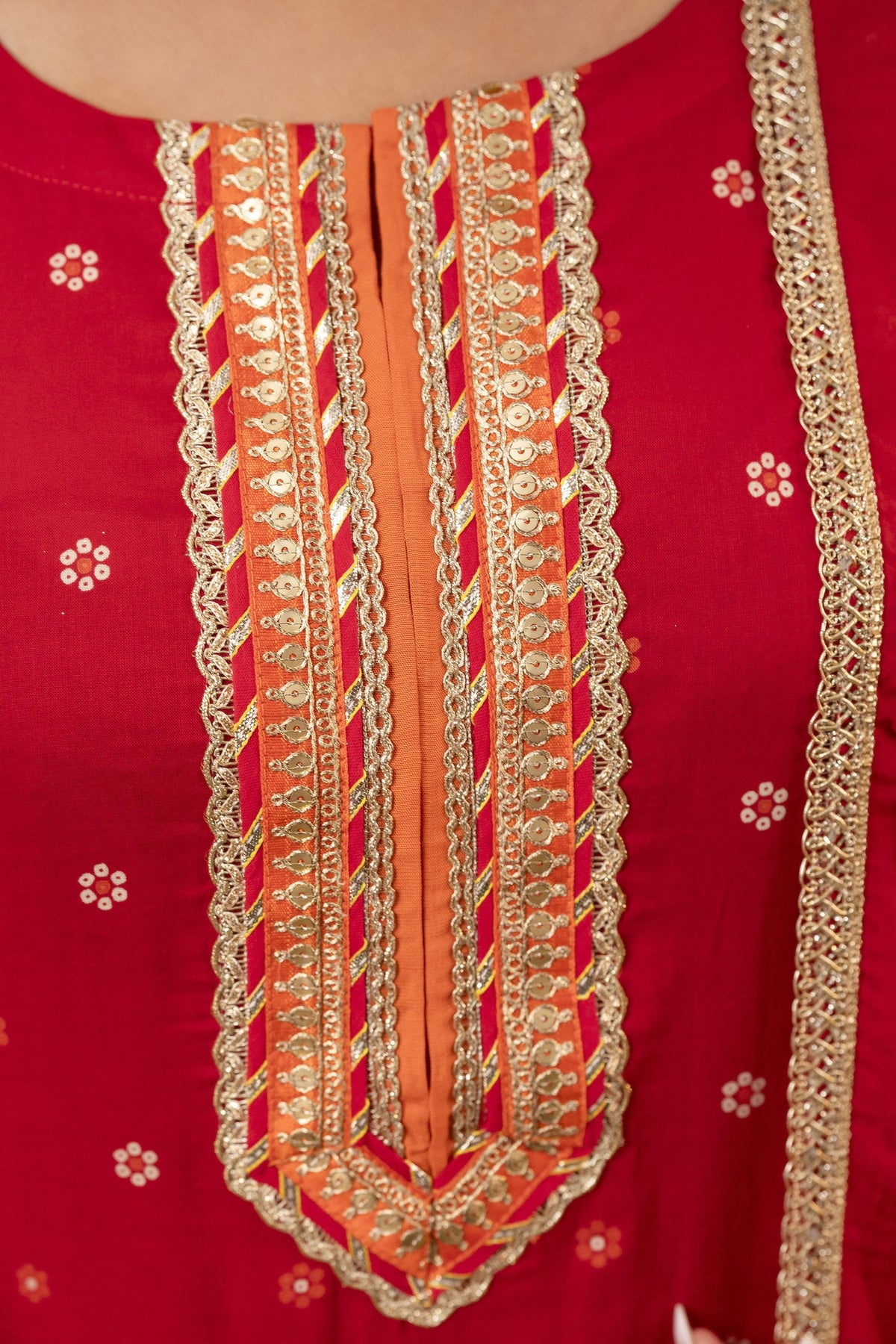 Gota Work Red Cotton Suit set with Organza Dupatta